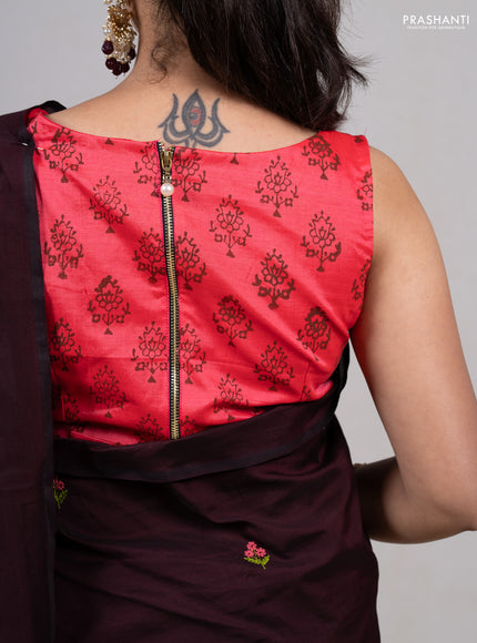 Coffee Brown & Candy Pink Semi Silk Cotton Saree - Embroidery
