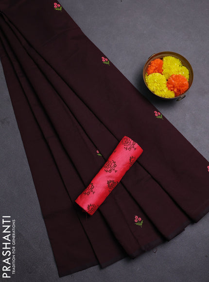 Coffee Brown & Candy Pink Semi Silk Cotton Saree - Embroidery
