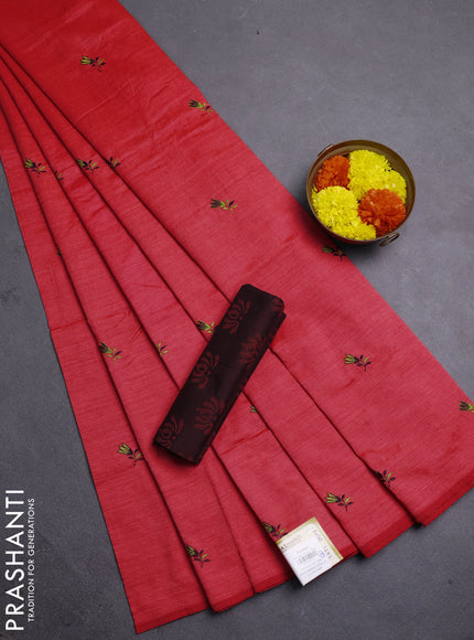 Candy Pink & Coffee Brown Semi Silk Cotton Saree - Embroidery