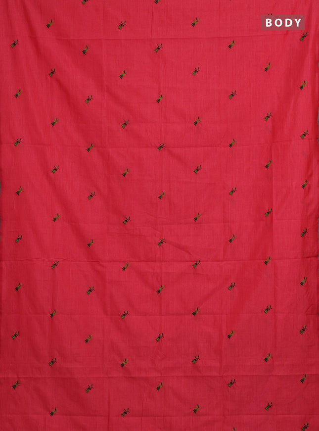 Candy Pink & Coffee Brown Semi Silk Cotton Saree - Embroidery