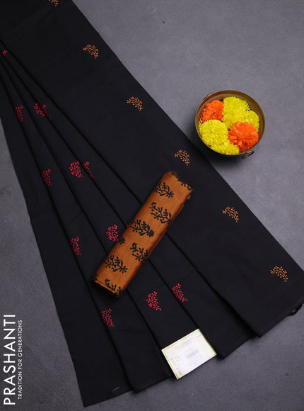 Black & Mustard Yellow Semi Silk Cotton Saree - Embroidery