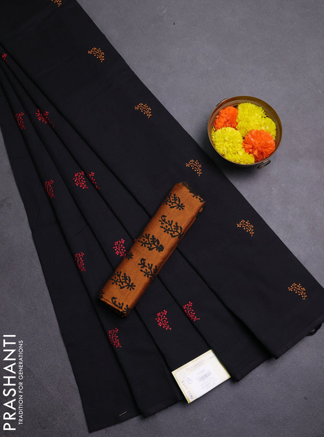 Black & Mustard Yellow Semi Silk Cotton Saree - Embroidery