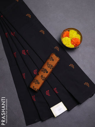 Black & Mustard Yellow Semi Silk Cotton Saree - Embroidery