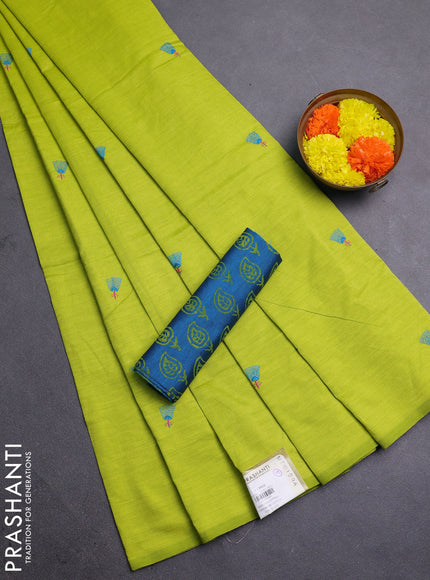 Lime Green & Peacock Blue Semi Silk Cotton Saree - Embroidery