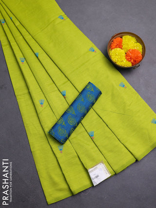 Lime Green & Peacock Blue Semi Silk Cotton Saree - Embroidery