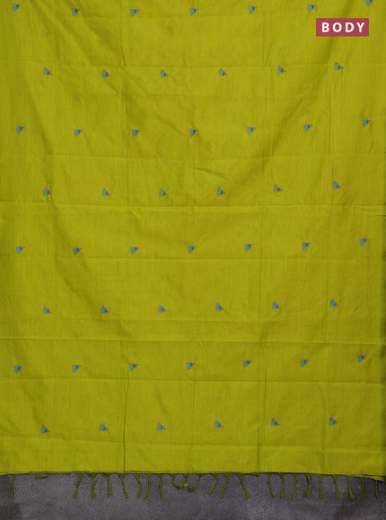 Lime Green & Peacock Blue Semi Silk Cotton Saree - Embroidery