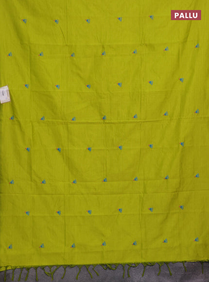 Lime Green & Peacock Blue Semi Silk Cotton Saree - Embroidery