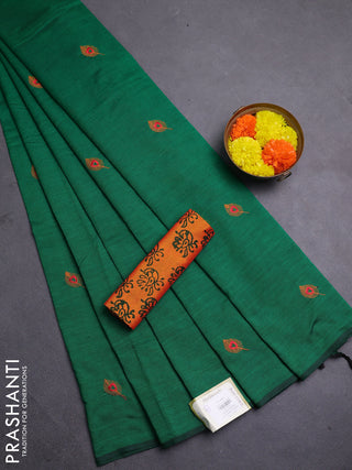 Green & Sunset Orange Semi Silk Cotton Saree - Embroidery
