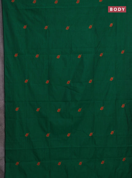 Green & Sunset Orange Semi Silk Cotton Saree - Embroidery