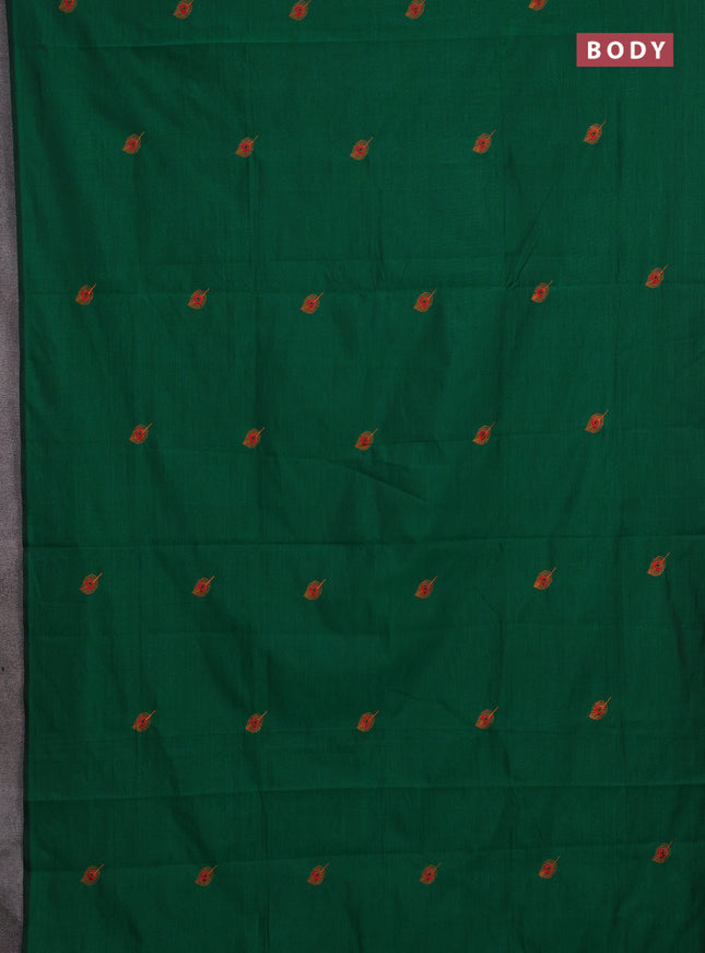 Green & Sunset Orange Semi Silk Cotton Saree - Embroidery