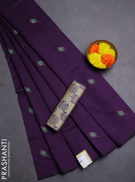 Purple & Beige Semi Silk Cotton Saree - Embroidery
