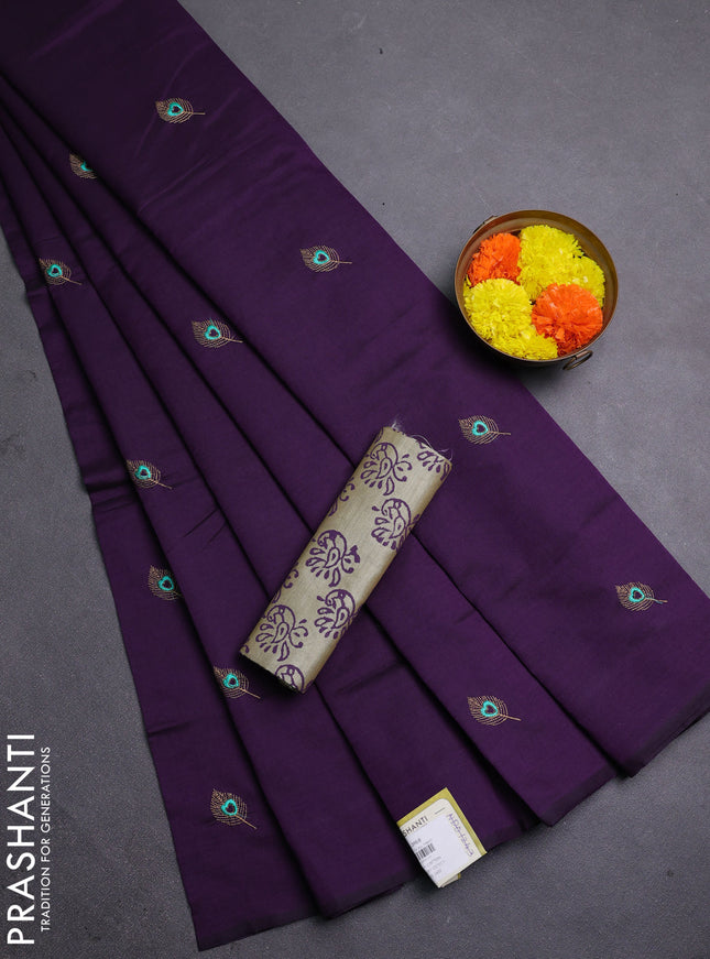 Purple & Beige Semi Silk Cotton Saree - Embroidery