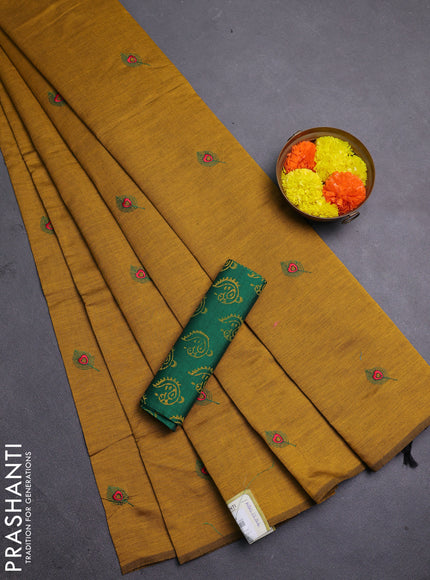 Mustard Yellow & Green Semi Silk Cotton Saree - Embroidery