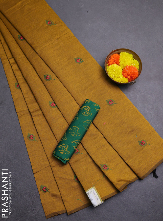 Mustard Yellow & Green Semi Silk Cotton Saree - Embroidery