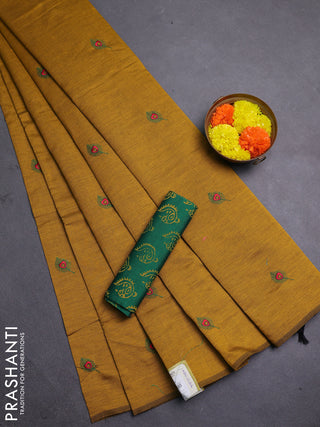 Mustard Yellow & Green Semi Silk Cotton Saree - Embroidery
