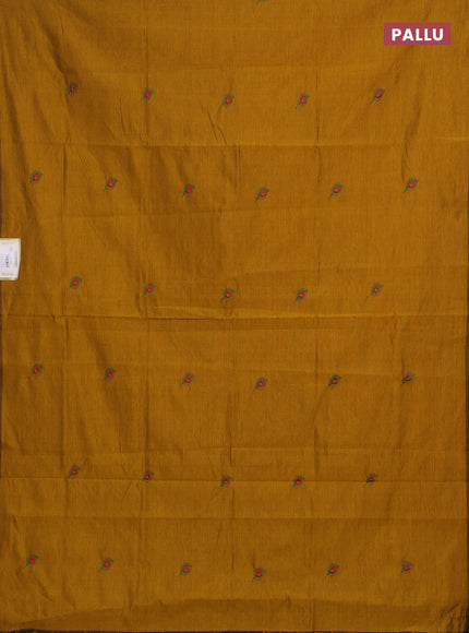 Mustard Yellow & Green Semi Silk Cotton Saree - Embroidery