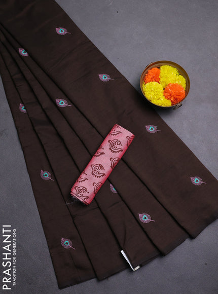Coffee Brown & Peach Pink Semi Silk Cotton Saree - Embroidery