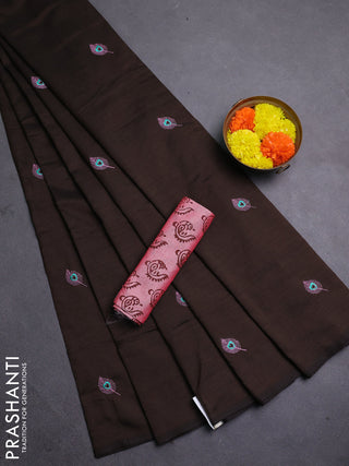 Coffee Brown & Peach Pink Semi Silk Cotton Saree - Embroidery