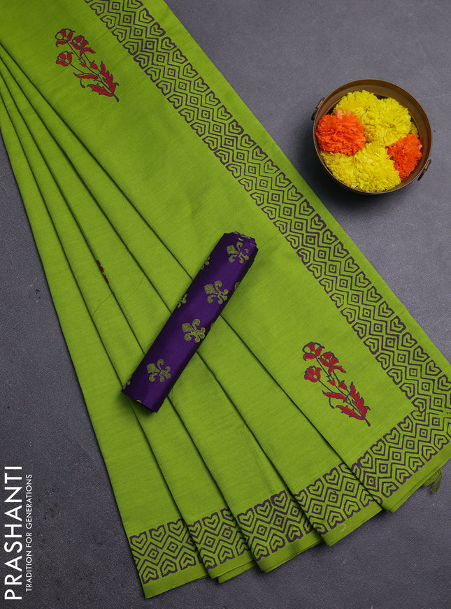 Green & Purple Semi Silk Cotton Saree - Printed