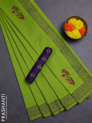 Green & Purple Semi Silk Cotton Saree - Printed