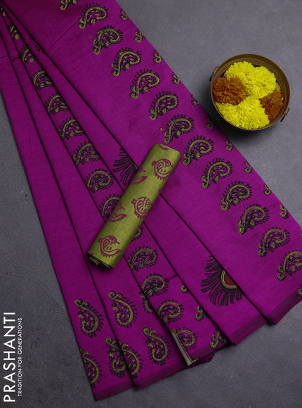 Magenta Pink & Green Semi Silk Cotton Saree - Printed
