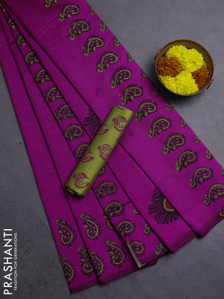 Magenta Pink & Green Semi Silk Cotton Saree - Printed