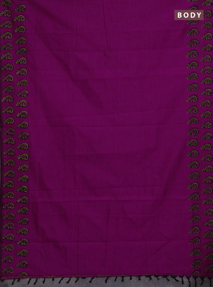 Magenta Pink & Green Semi Silk Cotton Saree - Printed