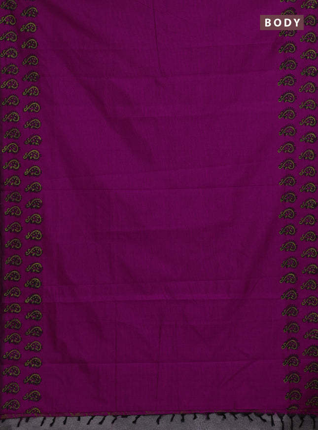 Magenta Pink & Green Semi Silk Cotton Saree - Printed