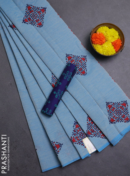 Blue & Navy Blue Semi Silk Cotton Saree - Printed
