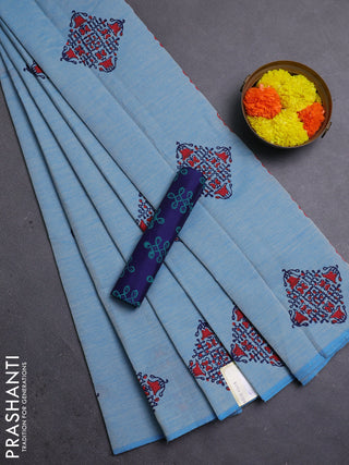 Blue & Navy Blue Semi Silk Cotton Saree - Printed
