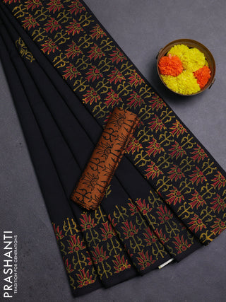 Black & Mustard Yellow Semi Silk Cotton Saree - Printed