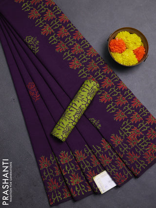 Purple & Green Semi Silk Cotton Saree - Printed