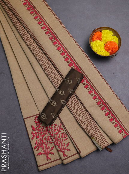 Sandal & Coffee Brown Semi Silk Cotton Saree - Printed