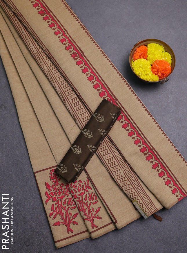 Sandal & Coffee Brown Semi Silk Cotton Saree - Printed