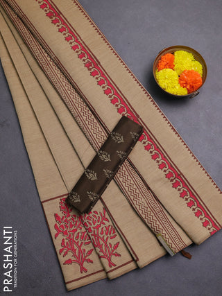 Sandal & Coffee Brown Semi Silk Cotton Saree - Printed