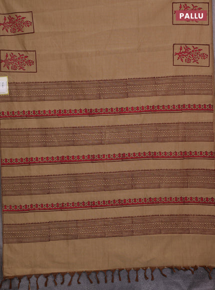 Sandal & Coffee Brown Semi Silk Cotton Saree - Printed