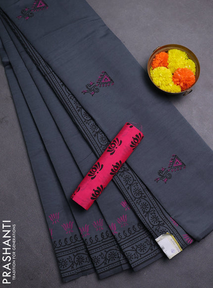 Grey & Pink Semi Silk Cotton Saree - Printed