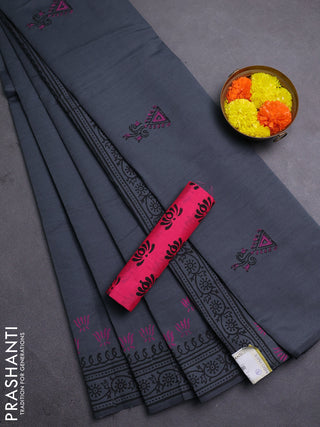 Grey & Pink Semi Silk Cotton Saree - Printed