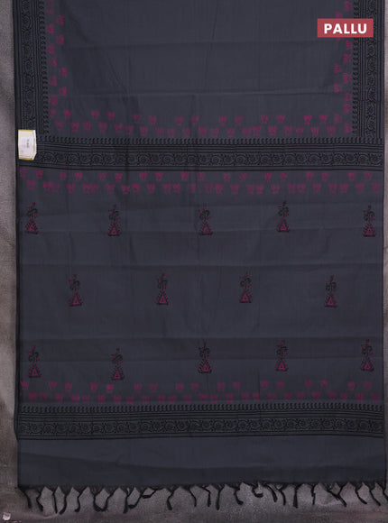 Grey & Pink Semi Silk Cotton Saree - Printed