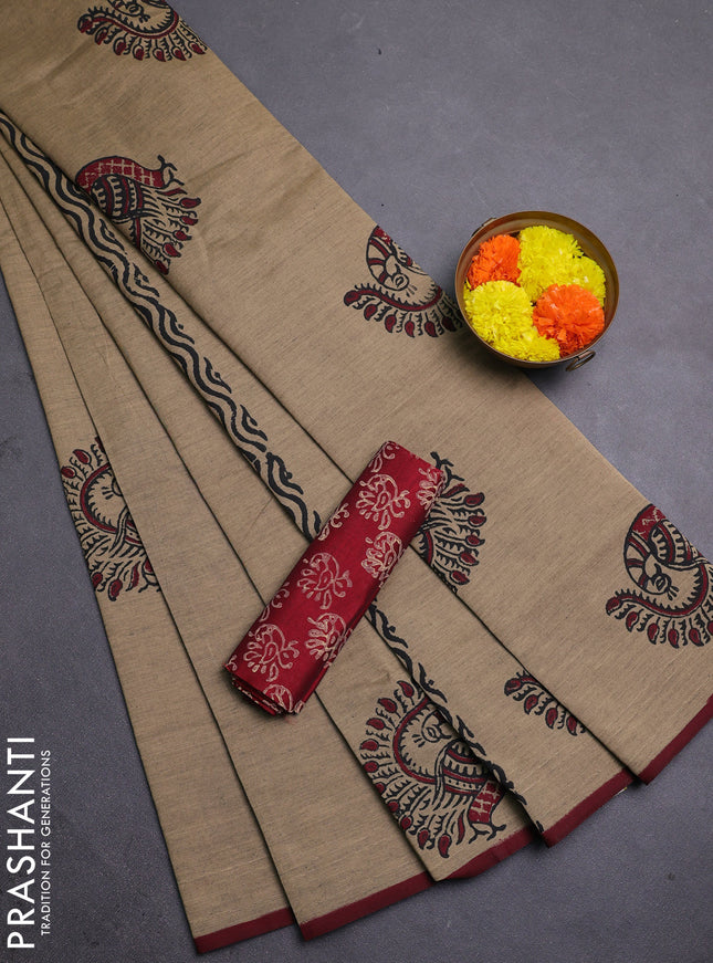 Chiku & Maroon Semi Silk Cotton Saree - Printed