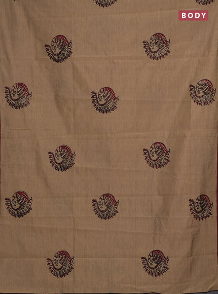 Chiku & Maroon Semi Silk Cotton Saree - Printed