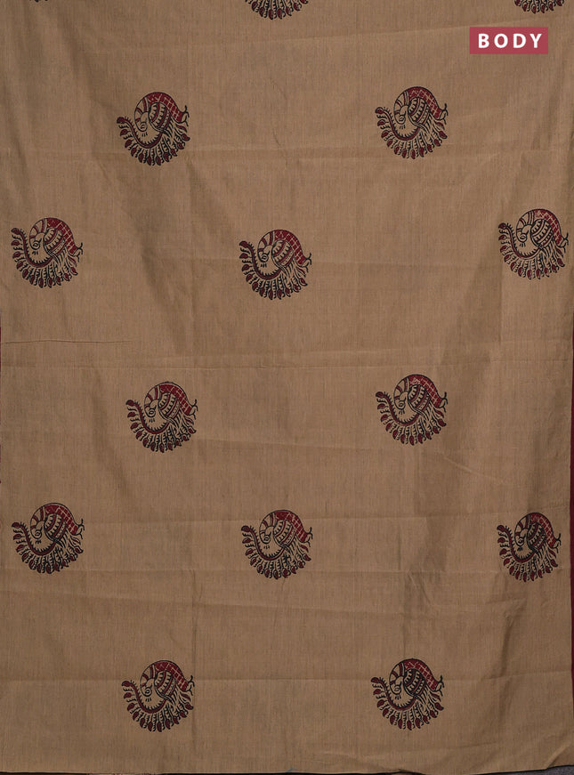 Chiku & Maroon Semi Silk Cotton Saree - Printed