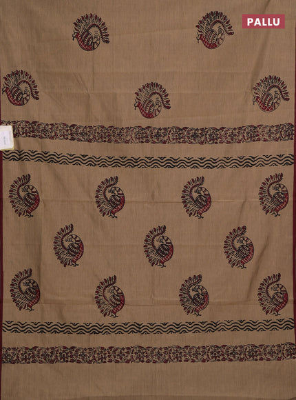 Chiku & Maroon Semi Silk Cotton Saree - Printed