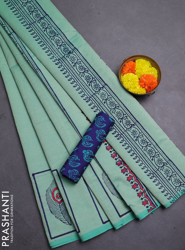 Green & Blue Semi Silk Cotton Saree - Printed