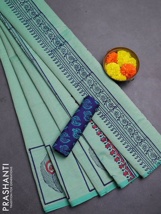 Green & Blue Semi Silk Cotton Saree - Printed
