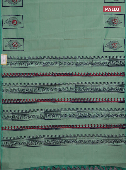 Green & Blue Semi Silk Cotton Saree - Printed