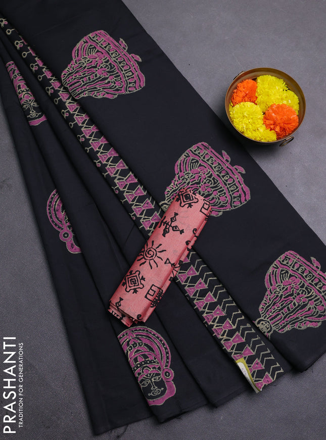 Black & Peach Semi Silk Cotton Saree - Printed