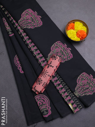 Black & Peach Semi Silk Cotton Saree - Printed