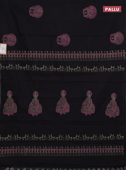 Black & Peach Semi Silk Cotton Saree - Printed