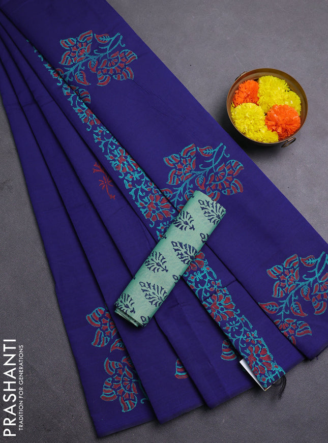 Blue & Green Semi Silk Cotton Saree - Printed